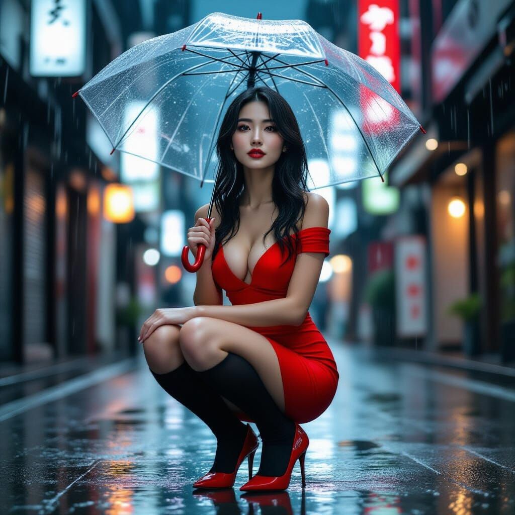 Curvy Model in Red Dress on Rainy Shinjuku Street
