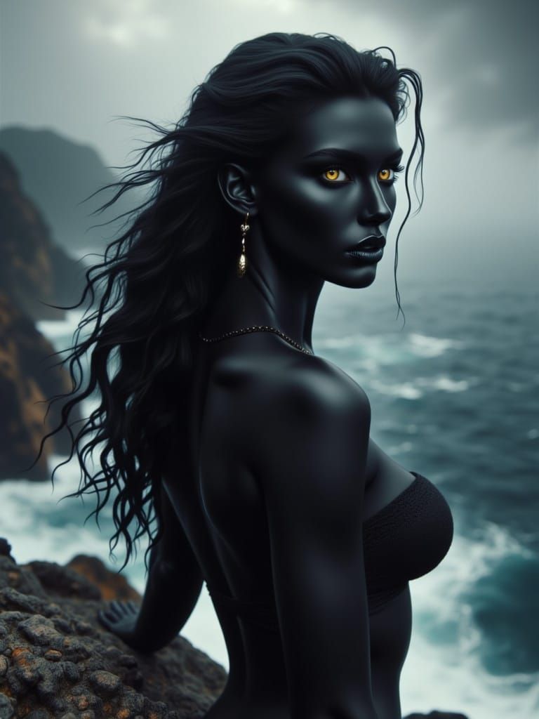 Hyper-Realistic Shadow Woman in Stormy Seascape