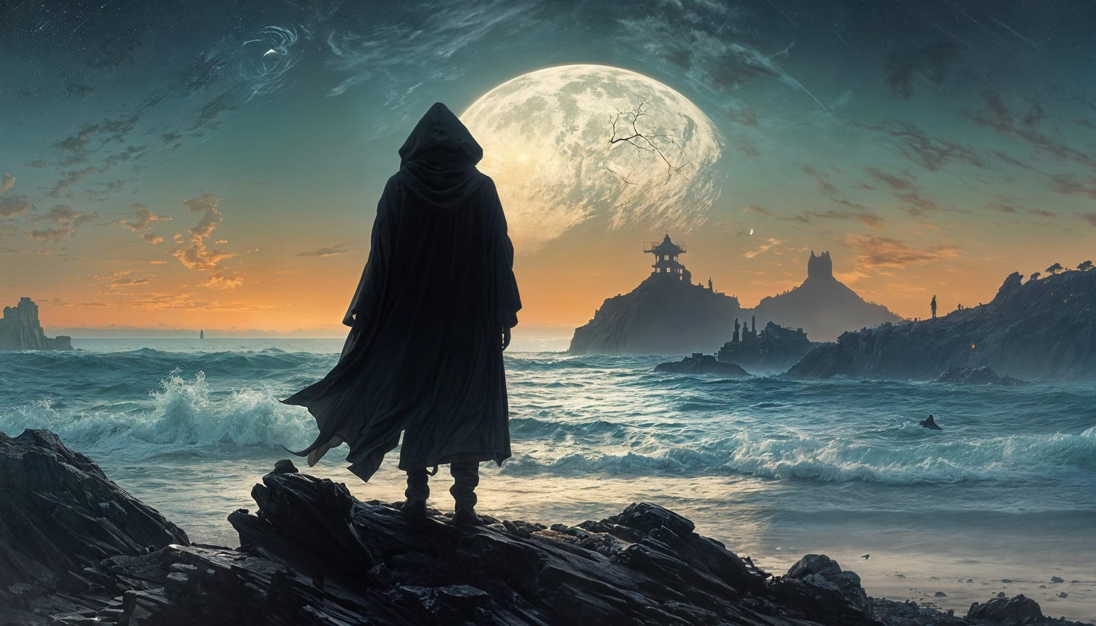 Hooded Figure in Moonlit Seaside Fantasy
