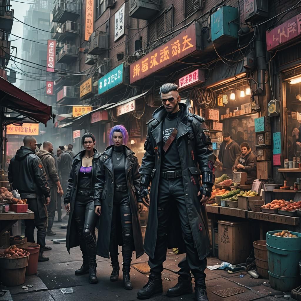 Cyberpunk Gangers in Back Alley Market