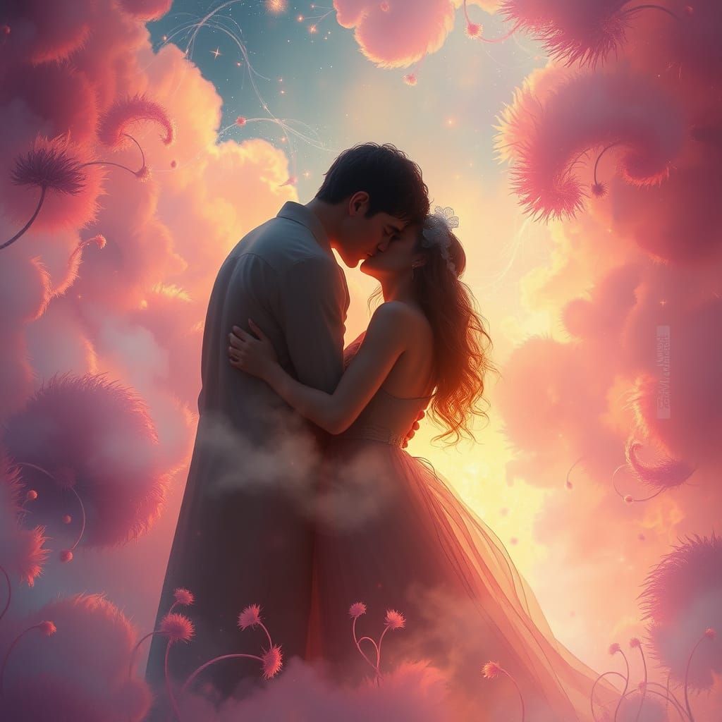 Ethereal Kiss Amidst Vibrant Dreamscape