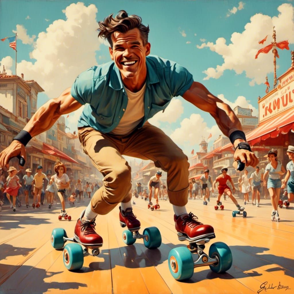Happy Man Roller Skating in Romantic Watercolor Style