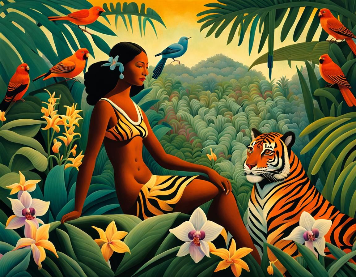 Illustration James Newland style a all body beautiful bresilian moka woman smiling in a loincloth with A Tiger  is sitti...