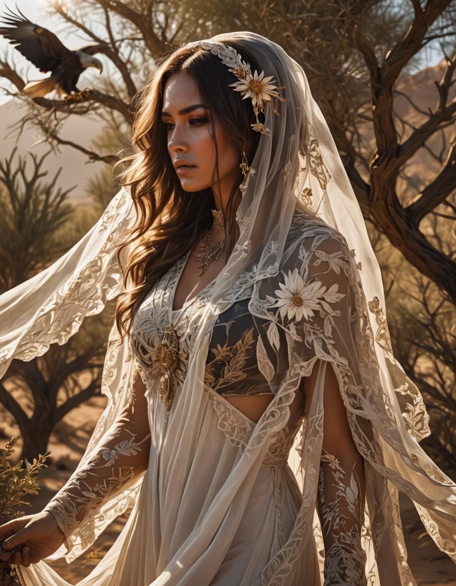 Veiled Woman with Eagle in Desert Landscape