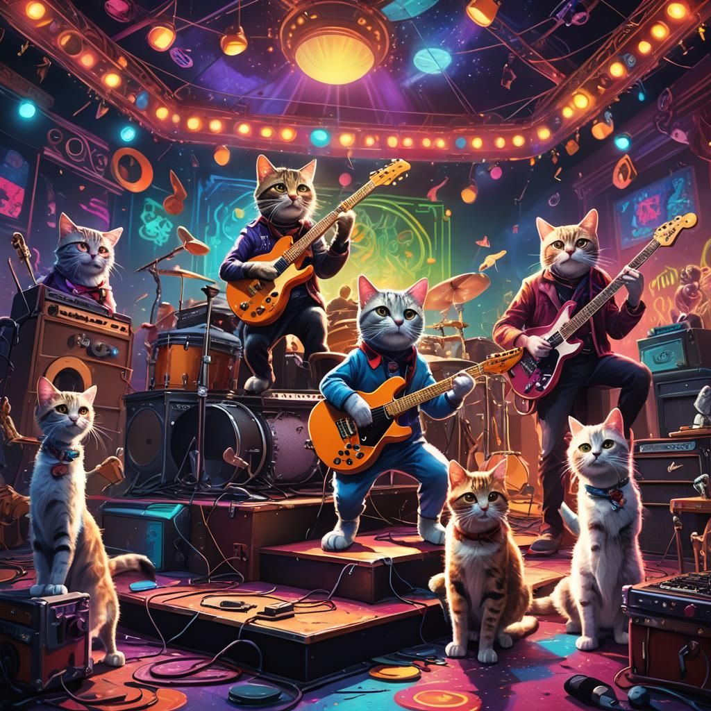 Cats Rocking on Stage: Fantasy Digital Art