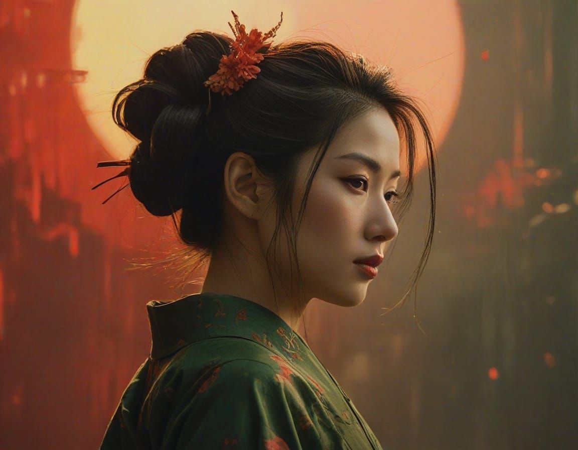 Elegant Geisha Woman in Vibrant Red Sunset, Oil Painting Sty...