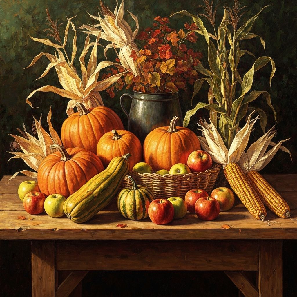 Bountiful Autumn Harvest Display on Rustic Table