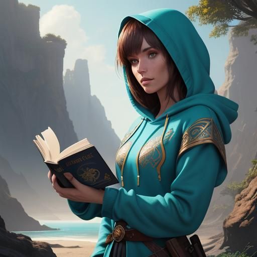 Girl with Teal Hoodie Reading, Fantasy Art