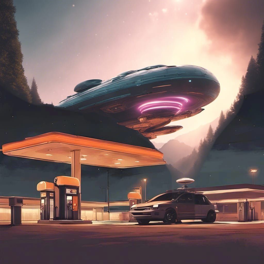 Alien Mothership Beams Car in Retro Colors