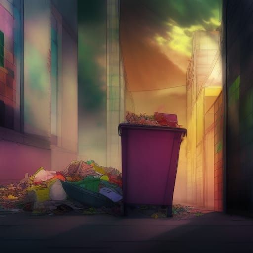 Colorful Garbage Outside Tenement Housing in Anime Style