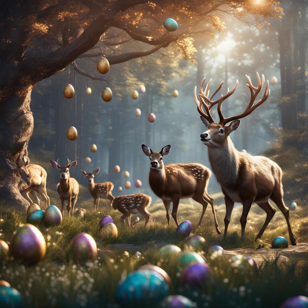 Easter Bunny and Deer Egg Hunt: Fantasy Art