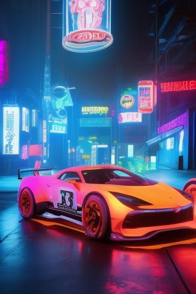Neon Race Cars in Shibuya: Photorealistic Concept Art