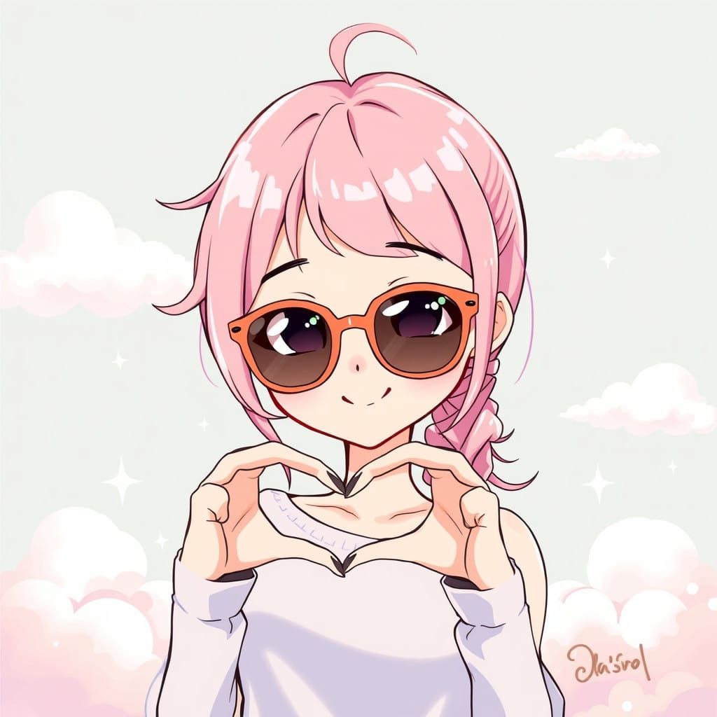 Pastel Pink Anime Girl Creates Heart Symbol Wearing Sunglass...