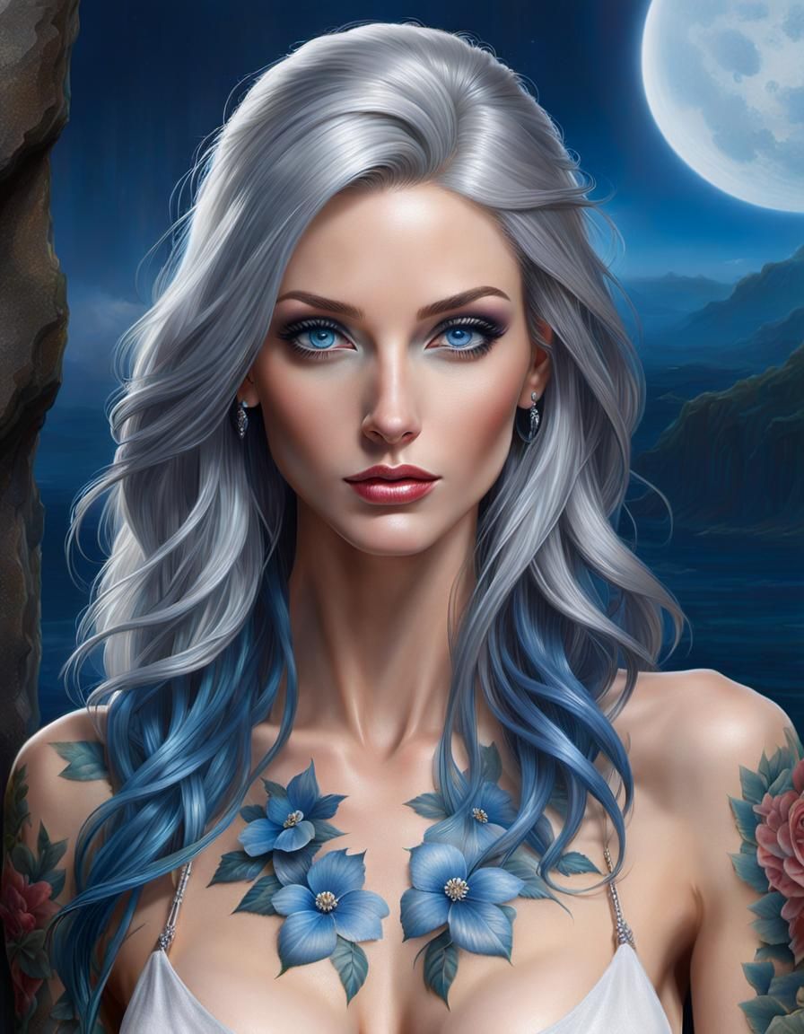 Attractive Woman with Tattoos and Silver Hair