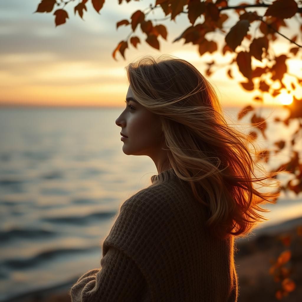 Woman Gazing at Twilight Sea in Romantic Style