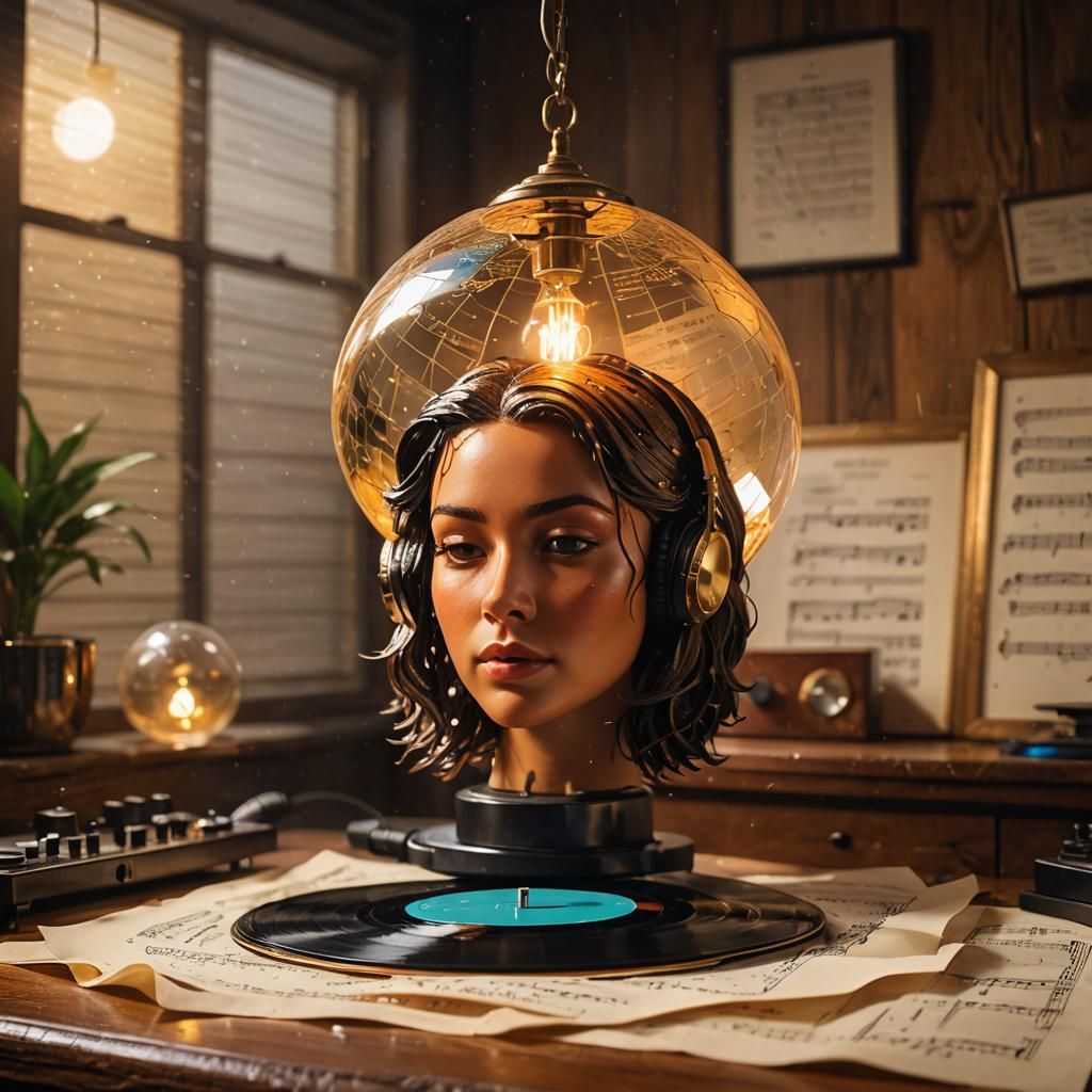 Glowing Record Surrounded by Sheet Music in Splash Art