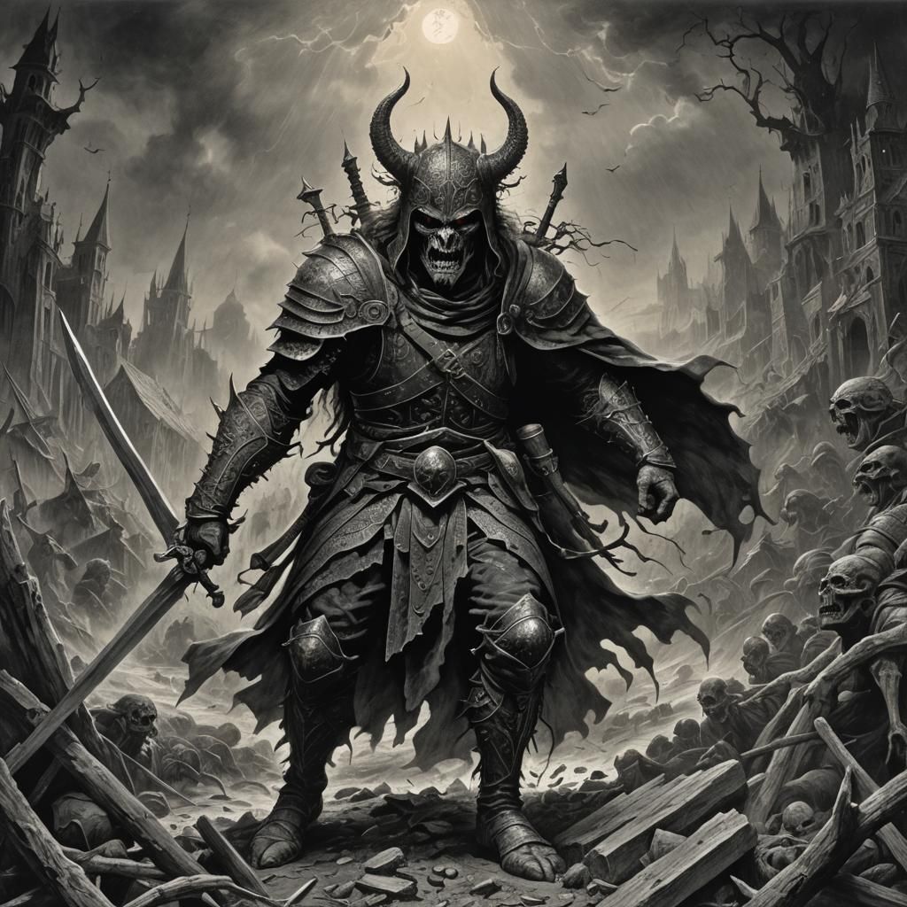 Mystical Horror Orc Warrior in Engraving Style