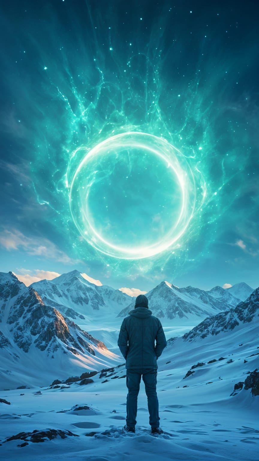 Man Standing in Front of Mysterious Turquoise Portal