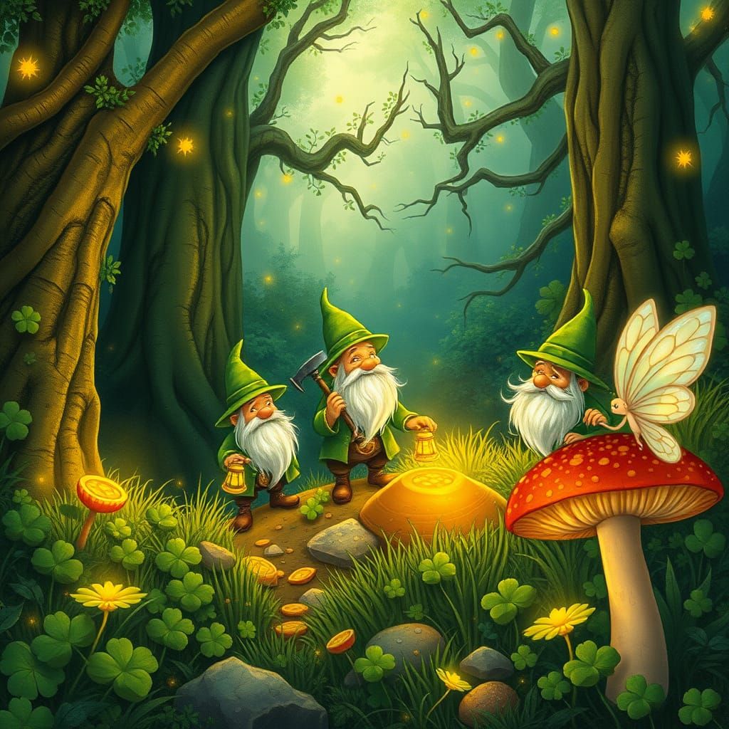 Whimsical Celtic Forest Scene with Leprechauns and Baby Fair...