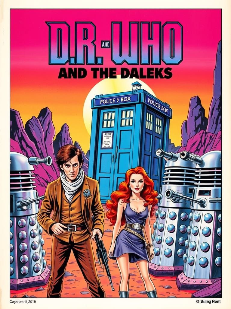 Dr. Who and Daleks Comic Cover in 1970s Sci-Fi Style