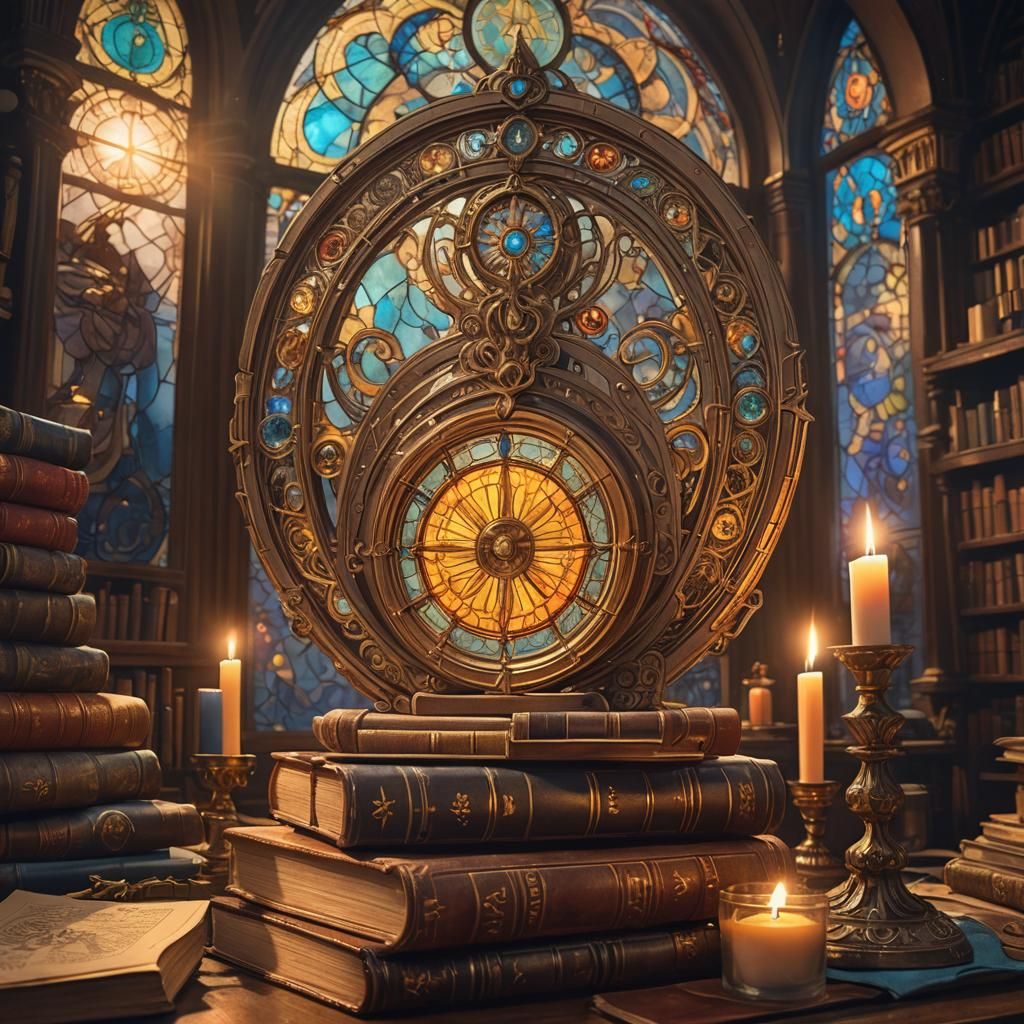 Mystical Study with Glowing Astrolabe in Art Nouveau Style