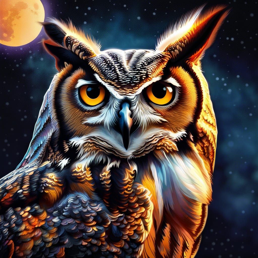 Great Horned Owl Close-up in Hyperrealistic Style