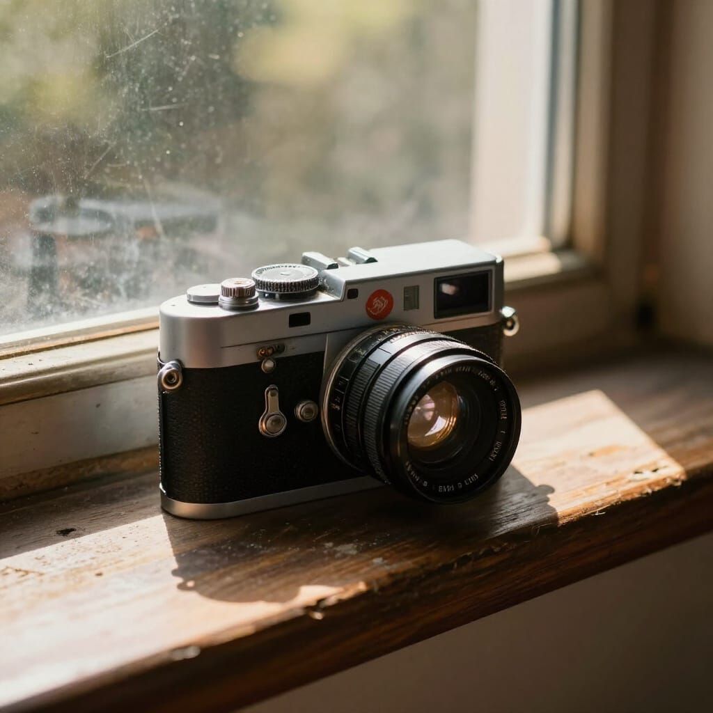 Vintage Leica Camera on Sunlit Windowsill