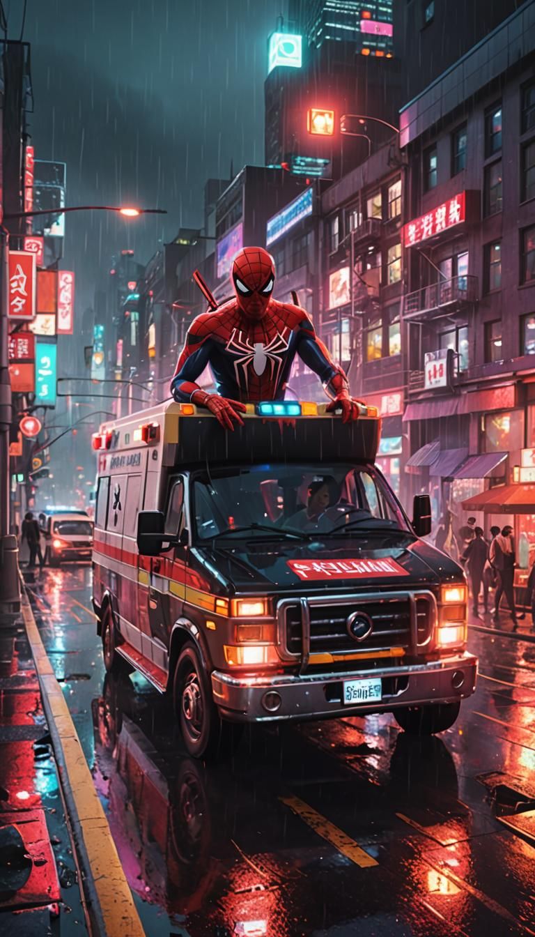 Spider-Man Transforms into Ambulance in Psychedelic City