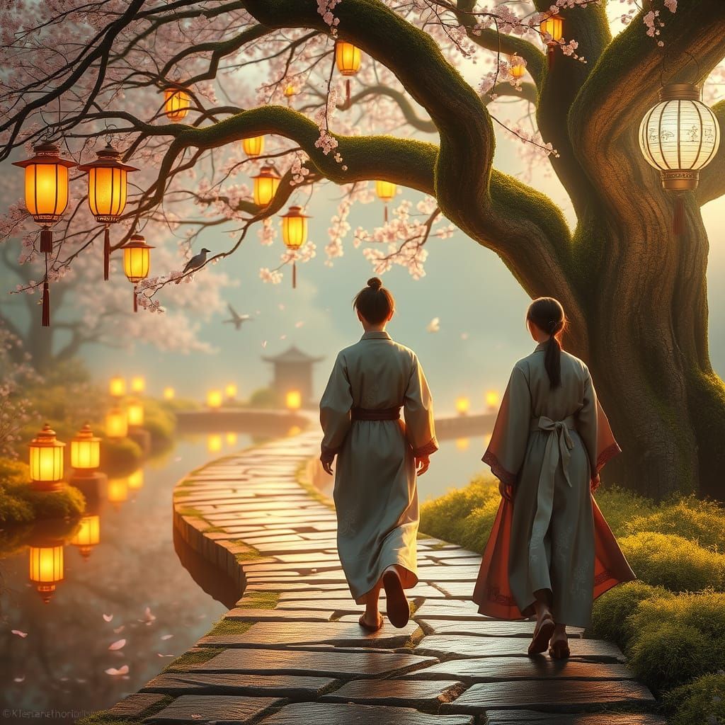 Ethereal Cherry Blossom Garden at Sunrise in Dreamlike Water...