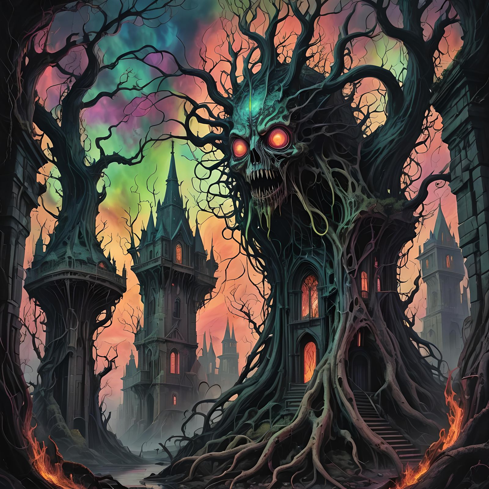 Lovecraftian Entities in Decaying Neon Tree: Glitch Art