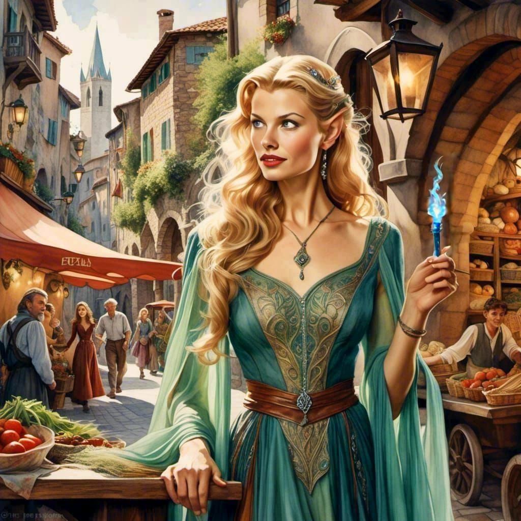 Elven Sorceress in Medieval Market, Watercolor Style