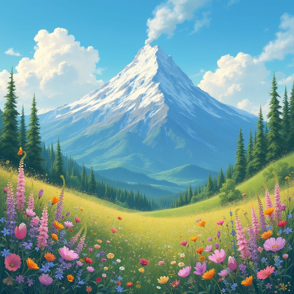Wildflowers Bloom on Mountain in Dreamy Animation Style