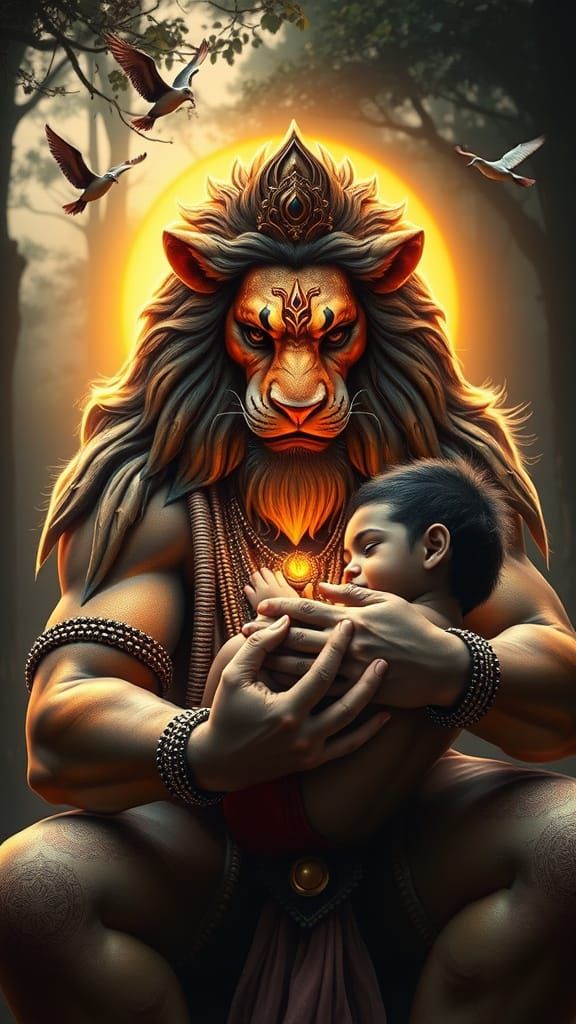 Narasimha's Fatherly Embrace: Golden Aura of Protection