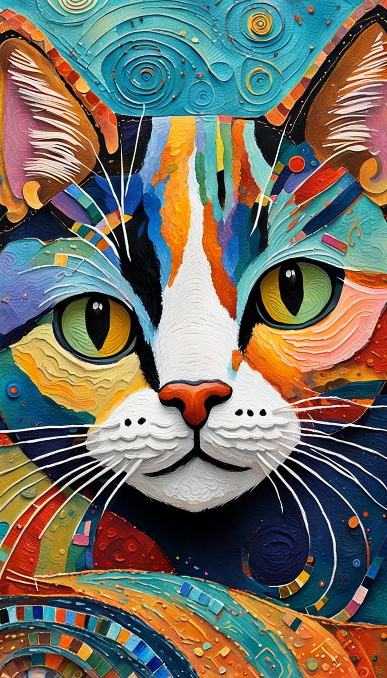 Folk Art Cat Portrait in Klimt and Chagall Style