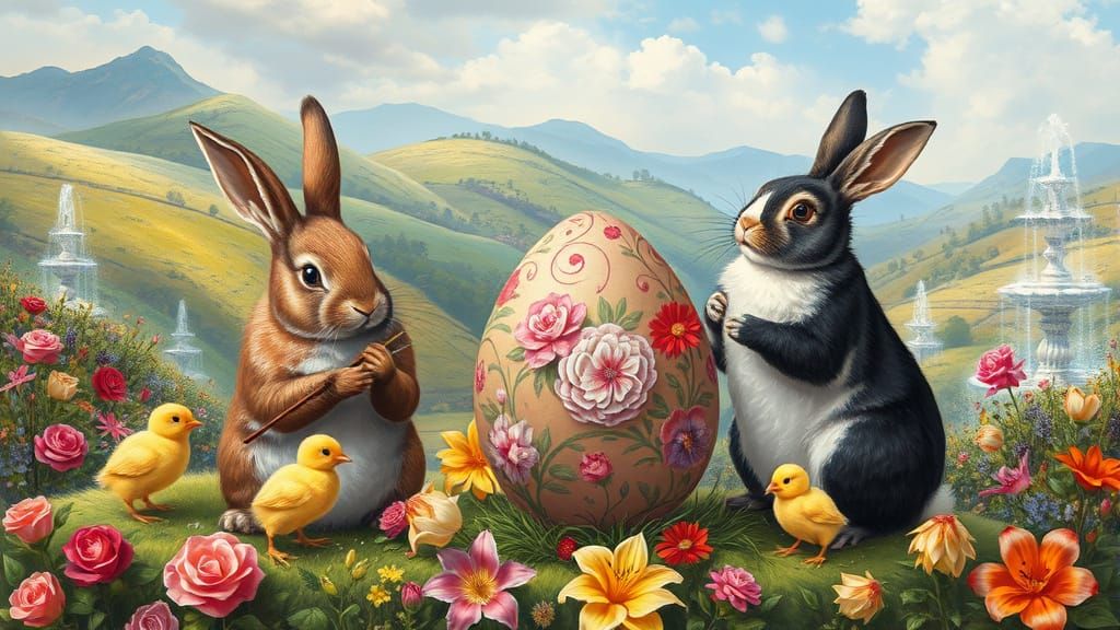 Rabbits Painting Easter Eggs in Fantasy Landscape