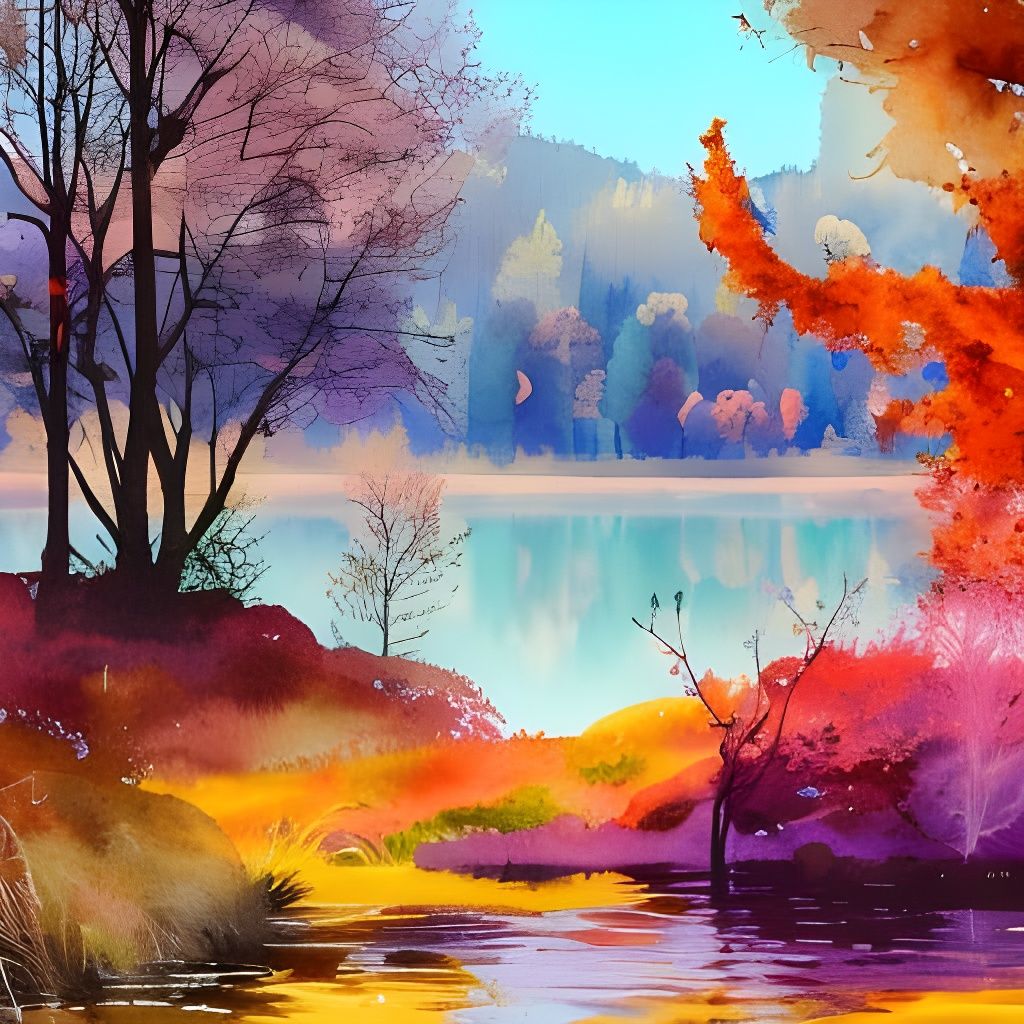 Watercolor Autumnal Lakeside Fantasy Landscape