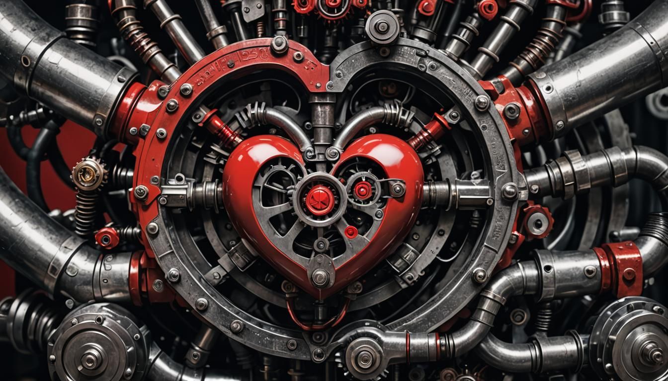 Steampunk Cyborg Heart Close-Up: Pipes, Tools, and Gears