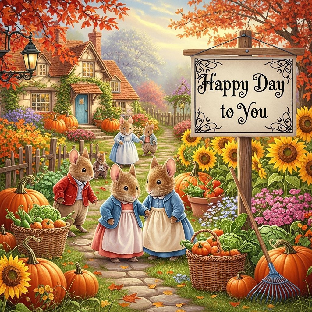 Cute Mice in Autumn Garden with Storybook Cottage