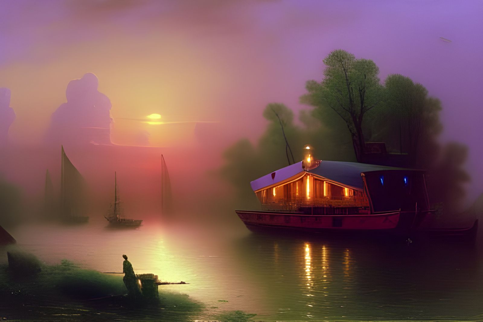 Houseboat on Bayou La Batre: Oil Painting Sunset