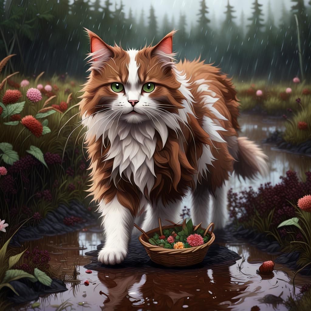 Grumpy Norwegian Forest Cat in Rainy Peat Bog