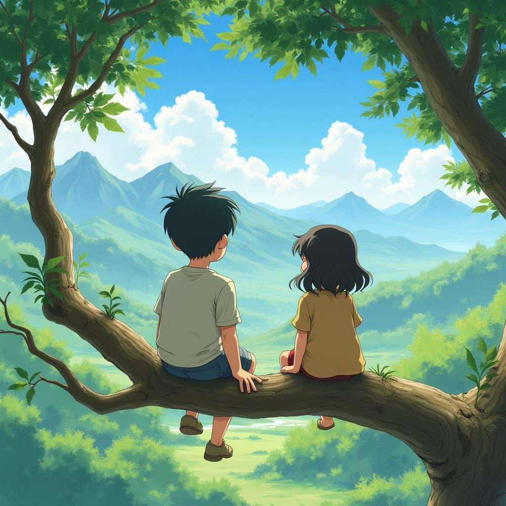 Children Admiring Landscape in Miyazaki Style