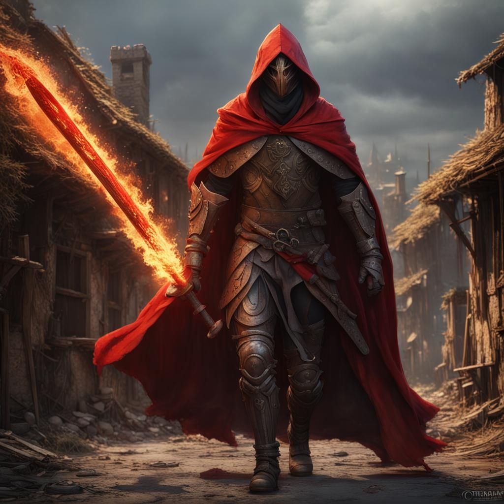 Armored Warrior with Flaming Sword in Fantasy Village