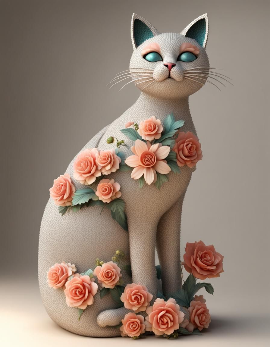 Art Deco Cat and Flowers Sculpture in 3D