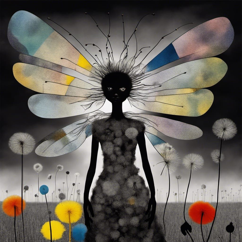 Fairies in Dandelion Dreamscape, Surreal Colorful Art
