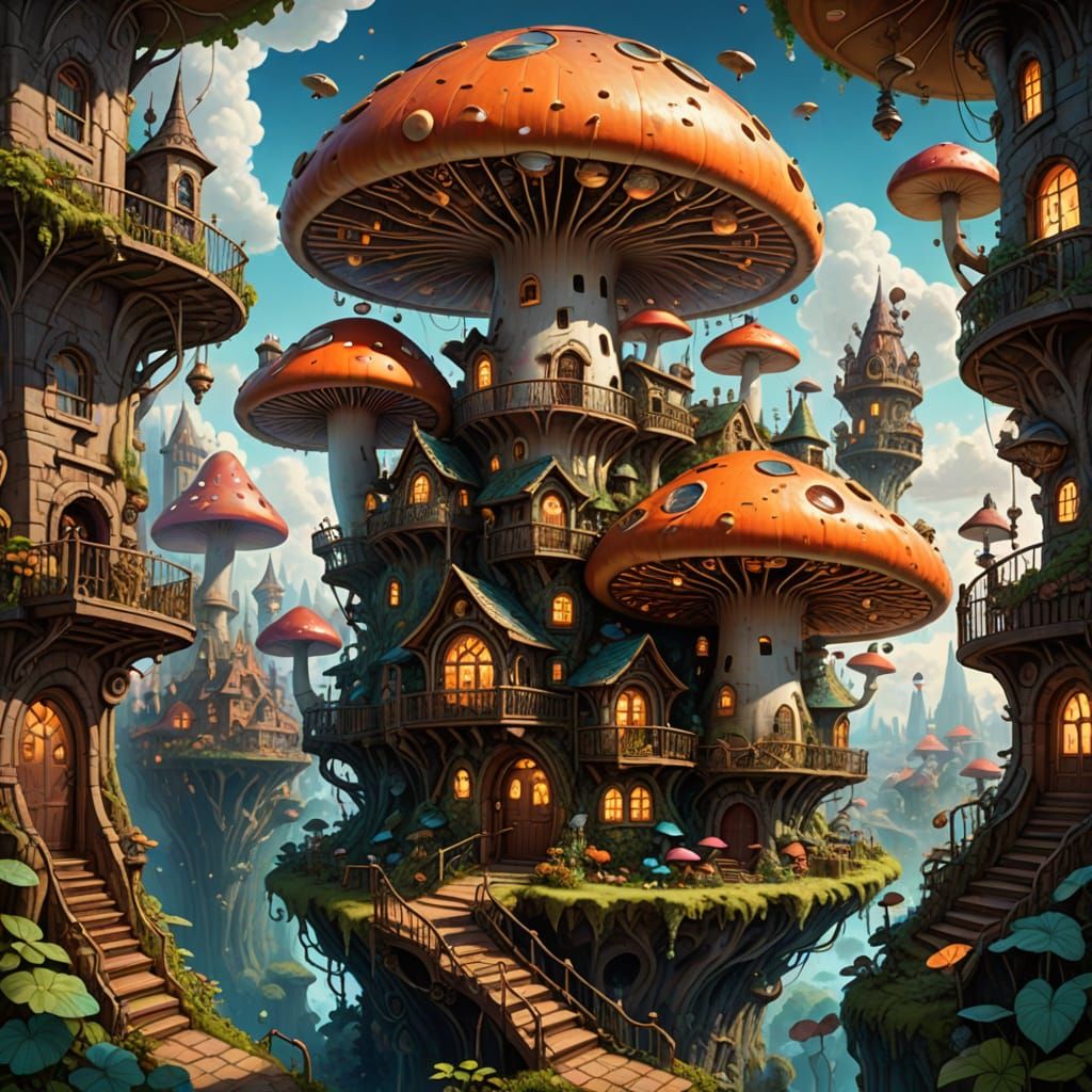 Mushroom Cityscape with Acorn Airships in Storybook Style