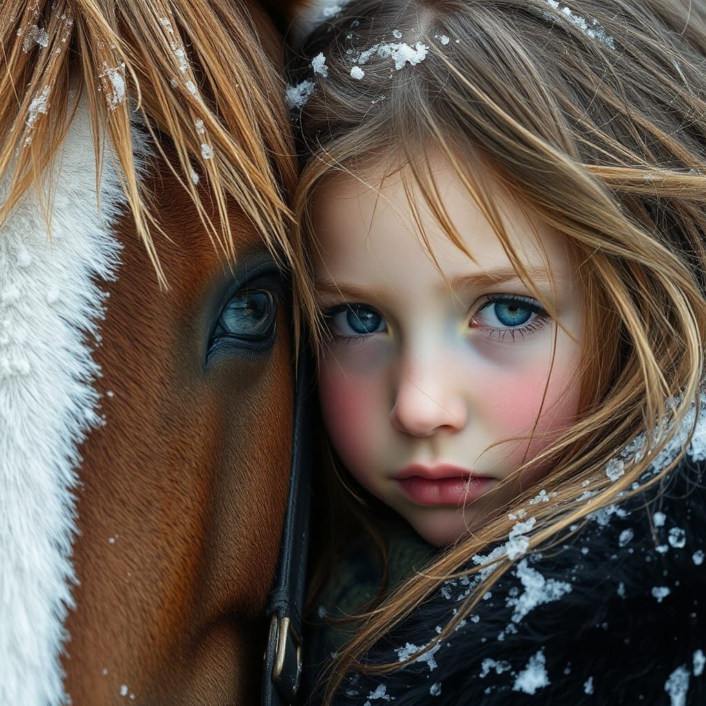 Girl and Horse in Snowy Landscape