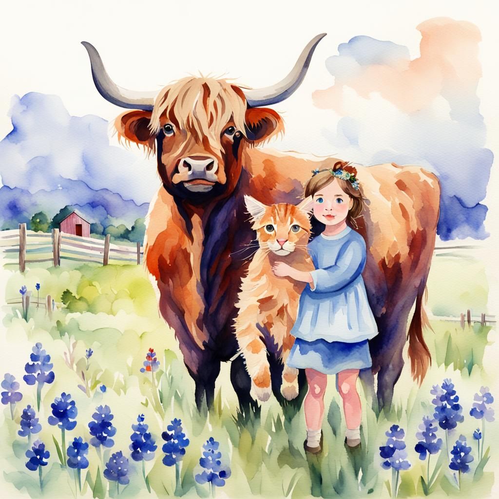 Girl and Cat Ride Highland Cow Watercolor