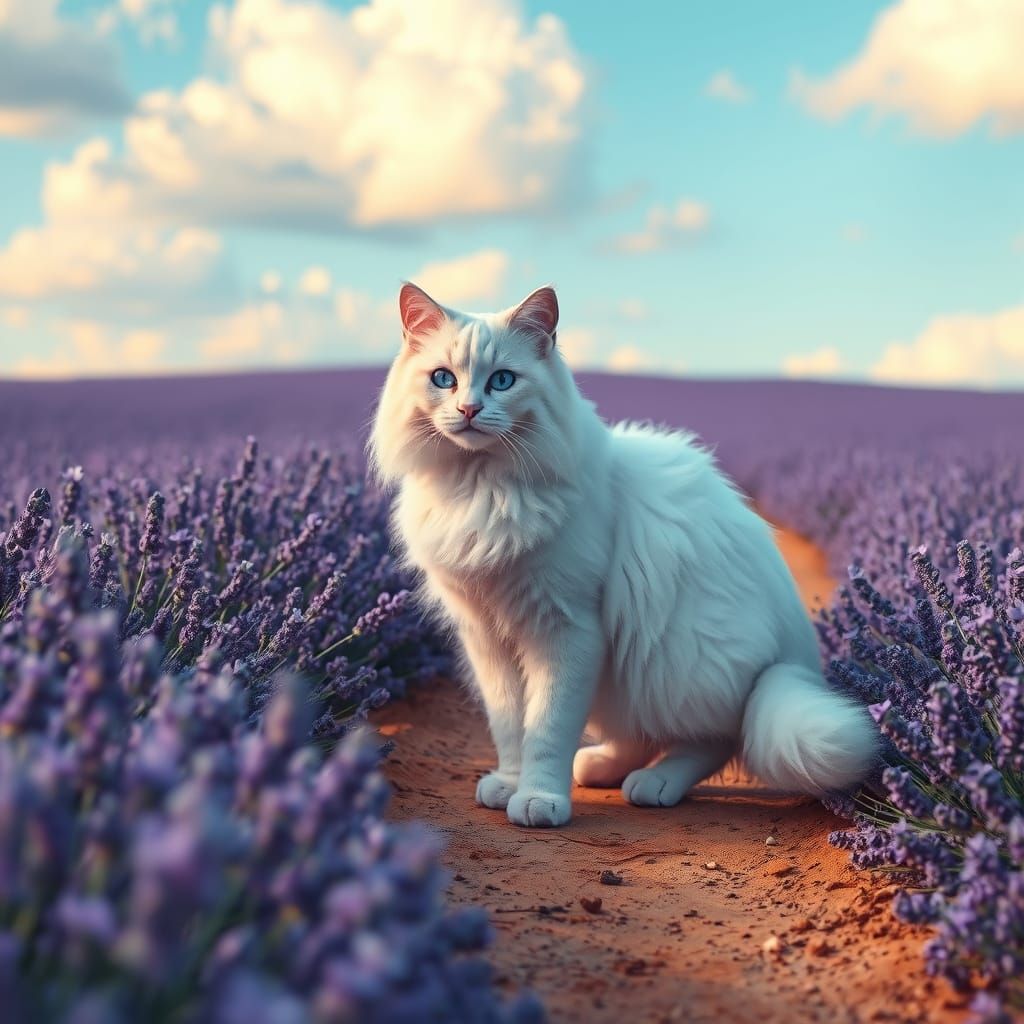 Majestic Fluffy White Cat in Dreamy Monochrome Lavender Land...