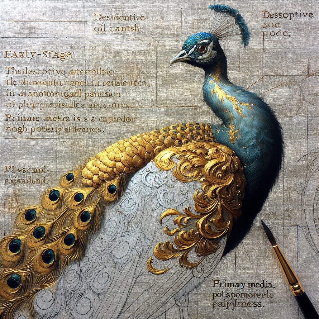 Ornate Peacock in Gold Foil and Oil Paint