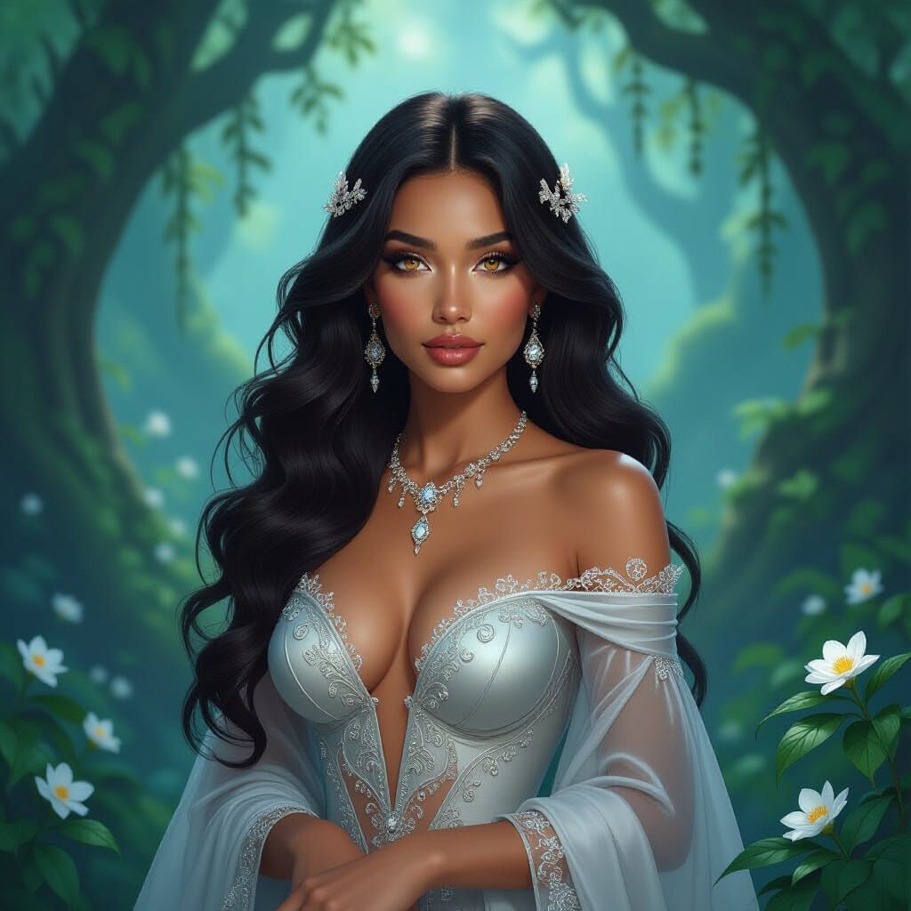 Ethereal Black Woman in Luminous Forest, Digital Art